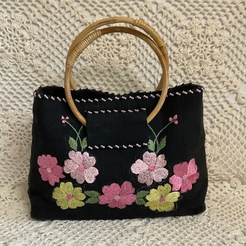Royal Rose Floral Embroidered Handbag Womens Small Black Bamboo Handle